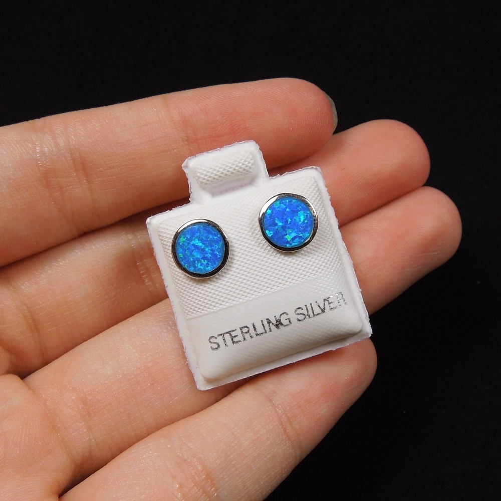 8mm Blue Fire Opal Sterling Silver Stud Earrings